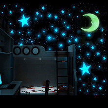 夜光 深蓝星星黄色月亮套装墙贴 塑料星星荧光贴儿童房家居装饰品