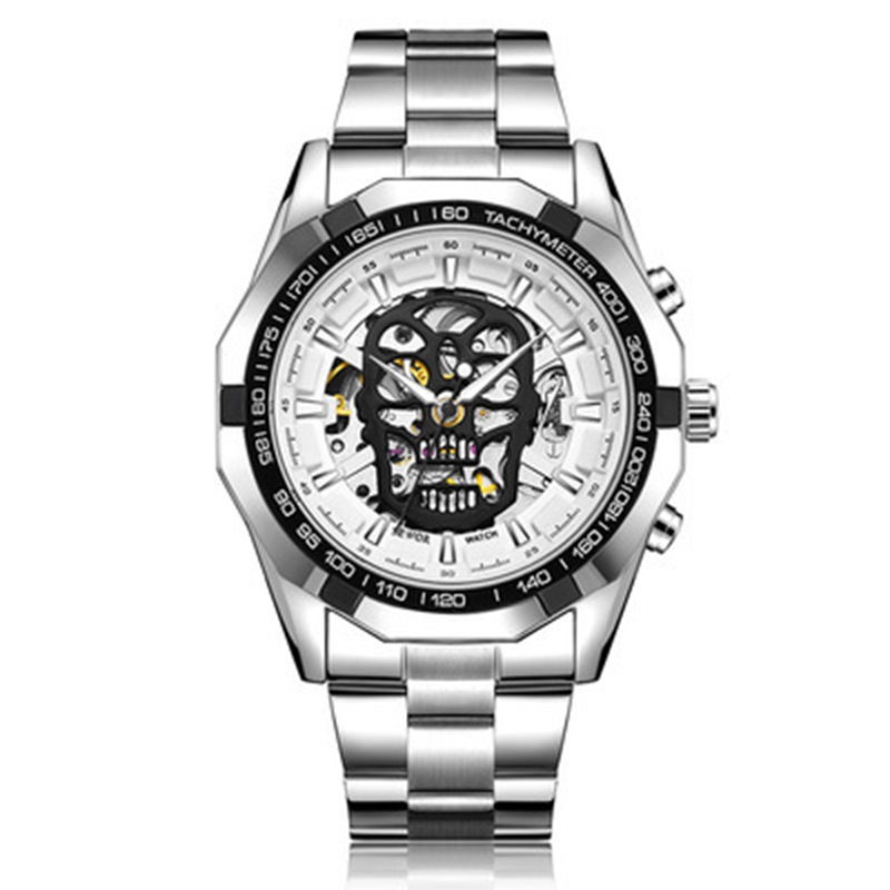 SEWOR correa de acero de la moda de los hombres reloj mecánico automático cráneo luminoso impermeable reloj hueco transparente inferior 740
