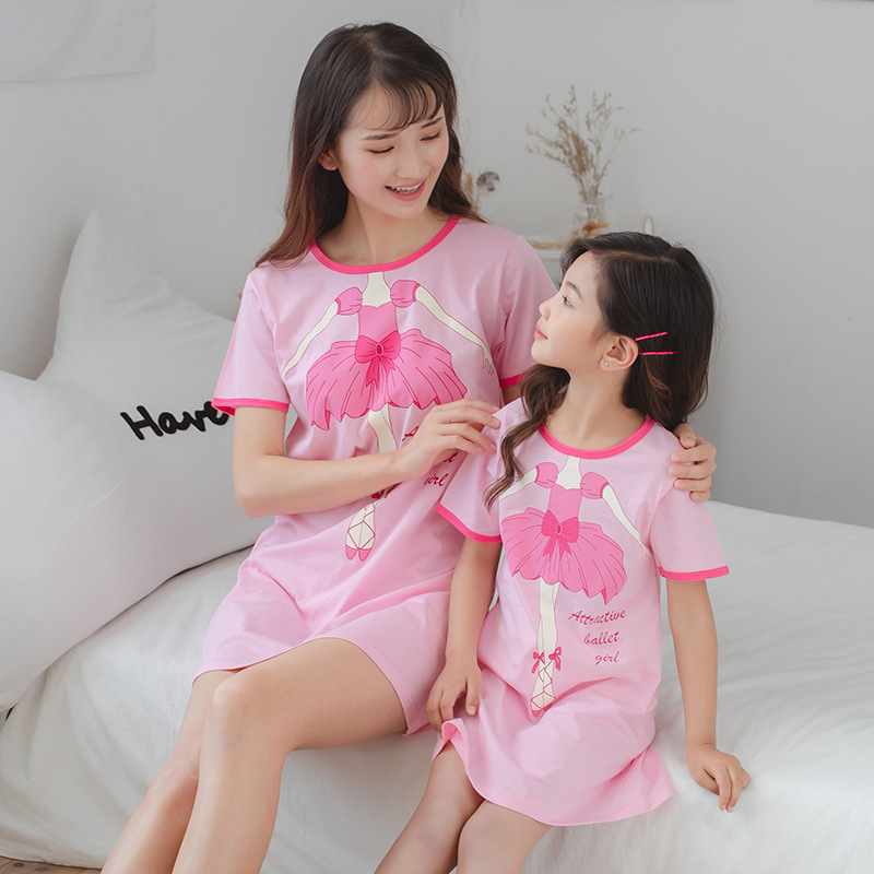 With children summer girl Short sleeved pajamas CUHK Cartoon printing Home Furnishings pure cotton Mother and daughter leisure time Dress