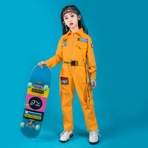 Children's jazz dance outfits boys girls orange color rapper singers street dance rapper singers hiphop coveralls costumes children's trendy rompers