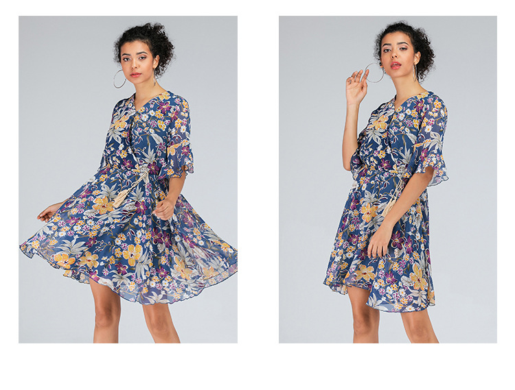 Small Floral V-Neck Chiffon Short Sleeve Dress NSJR36793