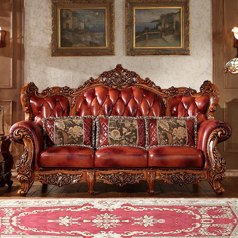 欧式真皮沙发组合客厅实木整装家具高档奢华别墅美式真皮沙发家具