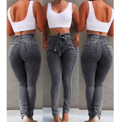 Cross Border Wish Amazon EBay Women's Jeans Slim Fit Stretch Tassel Belt High Waist Jeans Women