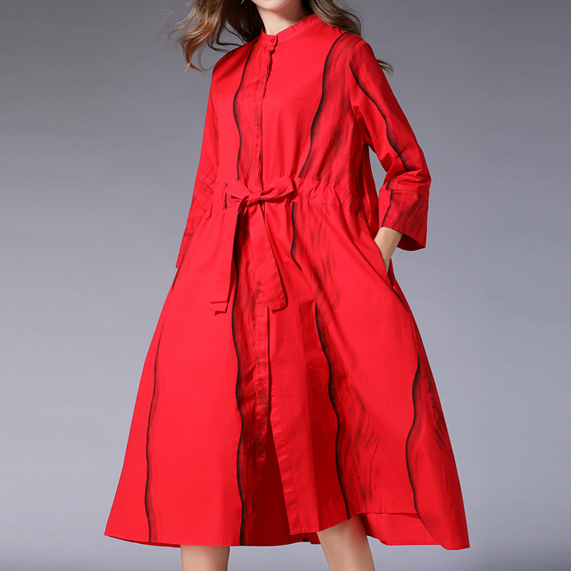 大码女装胖mm2020春装新款连衣裙中长款显瘦条纹印花衬衫裙7101|ms