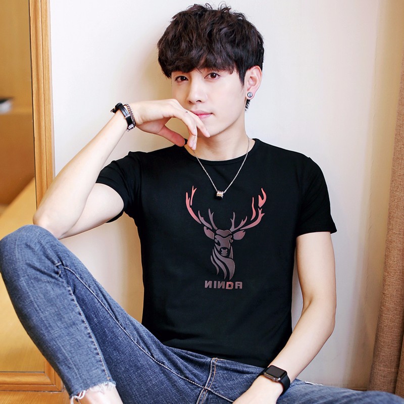 Pusite夏季男装 男式t恤印花圆领短袖t恤男士宽松半袖体恤男t恤潮