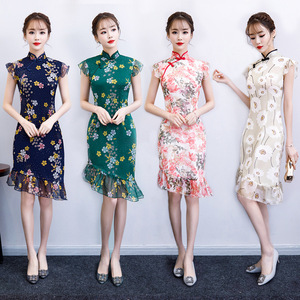Chinese Dresses Qipao for women robe chinoise cheongsam A short sleeve stand Collar Chiffon cheongsam dress