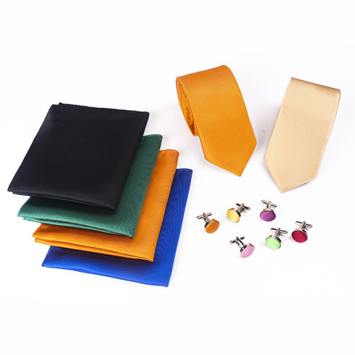 Solid Color Threaded Tie Pocket Square Set Cufflinks Men's Tie Three Piece Set Low Price Manufacturer Wholesale One Piece Dropshipping