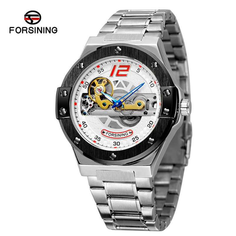 Forsining Fusini correa de acero de los hombres casual reloj mecánico automático transparente inferior hueco motocicleta reloj 897