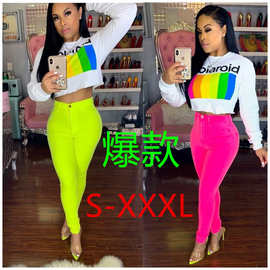 Y5087  欧美新款亚马逊时尚女装纯色字母数码印花长袖上衣T恤