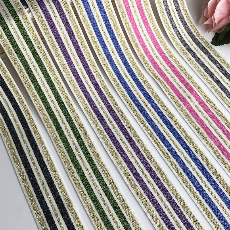 厂家4CM金银葱丝间色松紧带尼龙条纹电脑提花松紧弹力带服装辅料