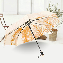SLDC 8骨黑胶雨伞桦林树复古双人三折叠伞防雨女晴雨两用广告LOGO