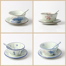中式怀旧 老式土碗青花瓷摆台三件套 摆台餐具 碗盘汤匙 加厚款