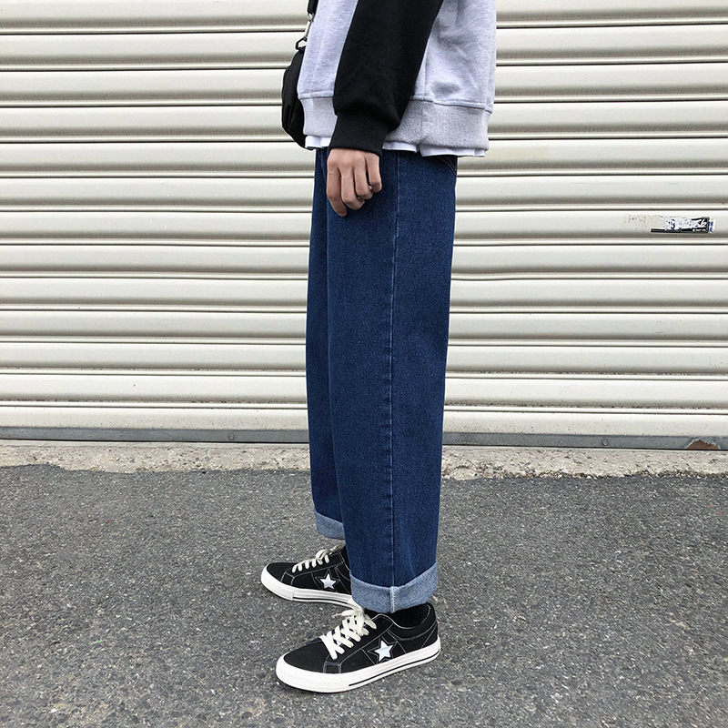 [En stock] primavera y otoño nueva marca de moda ulzzang juventud pantalones vaqueros rectos sueltos casual todo partido pierna ancha