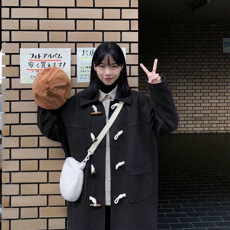 奶兔星球-自制 日系学院风大翻领薄棉毛呢外套女中长款牛角扣大衣