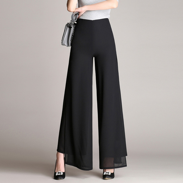 Korean high waist double layer Chiffon split wide leg pants 2019 new professional women’s flared pants， skirt pants and 