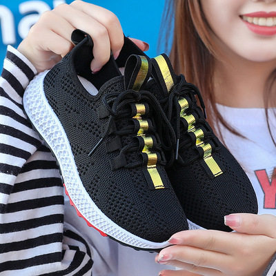 新款针织飞针休闲纯色百搭女鞋学生轻便系带平底运动鞋时尚潮女鞋