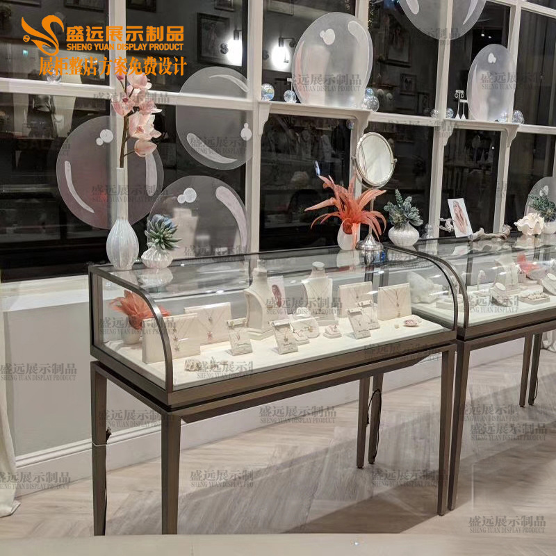 展柜定做电镀不锈钢珠宝展示柜玉器奢侈品圆弧形玻璃展柜台