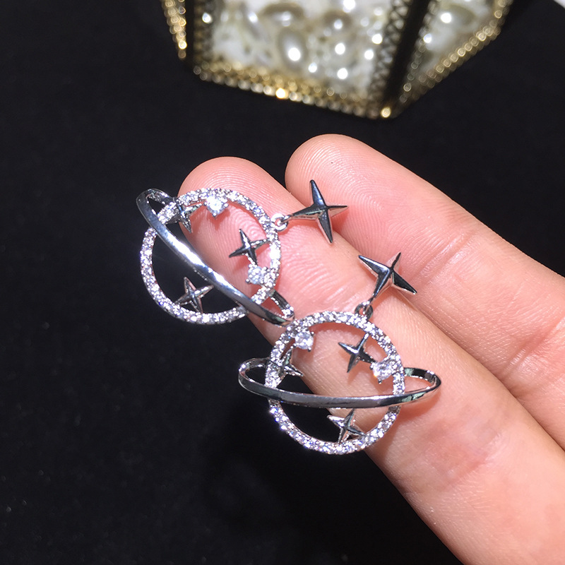 S925 Silver Needle Star Moon Aretes Circulares Pendientes Planet display picture 1
