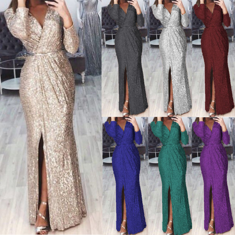 Women's Long Dress Evening Dress Deep V-neck Glittering Waist Trimming Dinner Dress