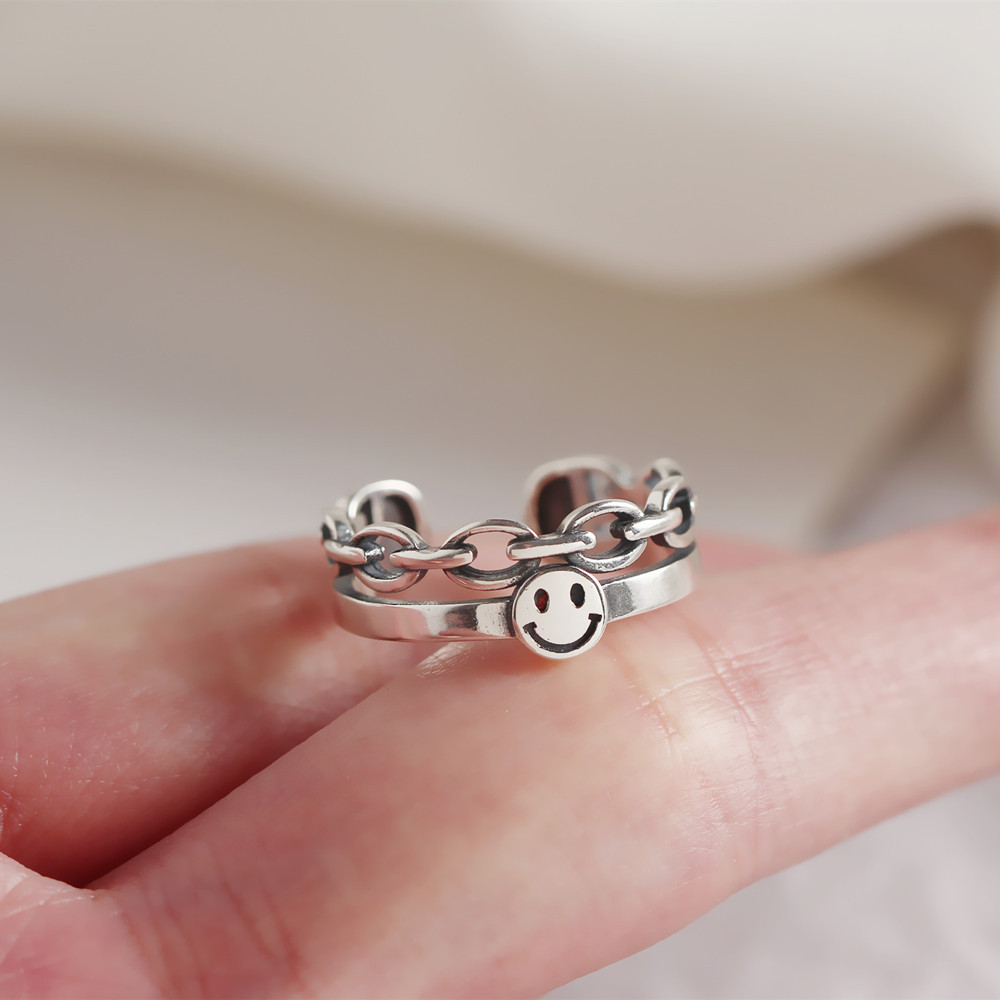 South Korea Dongdaemun Retro Smiley Face Double Ring S925 Sterling Silver Personalized Index Finger Ring display picture 4