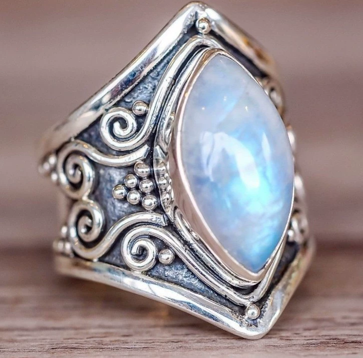 Ретро кольцо с лунным камнем, сплав Tai-Silver стиль, европейский дизайн, размеры 5–11