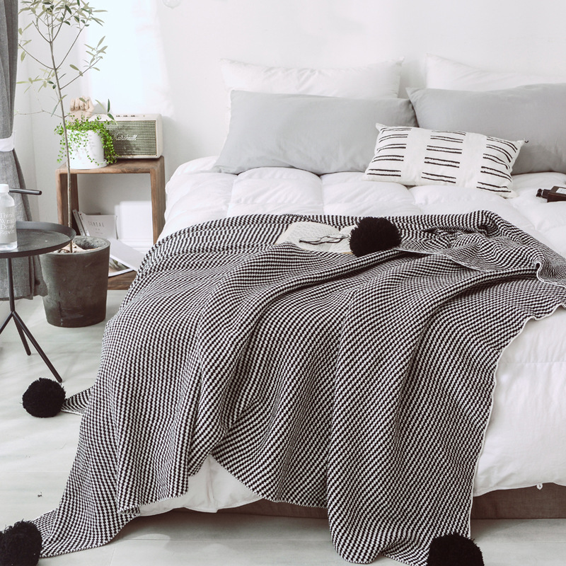 Lehká luxusní severská jednoduchá celobavlněná černá keprová deka do hotelové ložnice, vlněná deka, povlečení_voghion.com