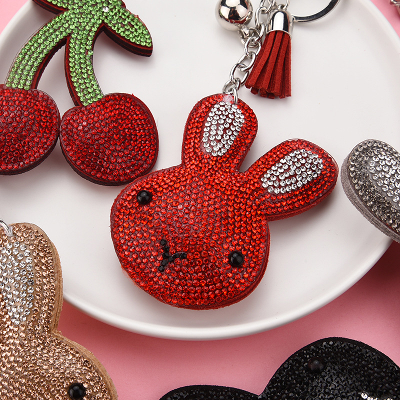 31g Weight Diamond Design Rose Red, Red, Silver, Yellow, Black Color Korean Creative Cartoon Korean Velvet Bunny Spot Drill Keychain Car Key Chain Students' School Bag Pendant Wholesale 6