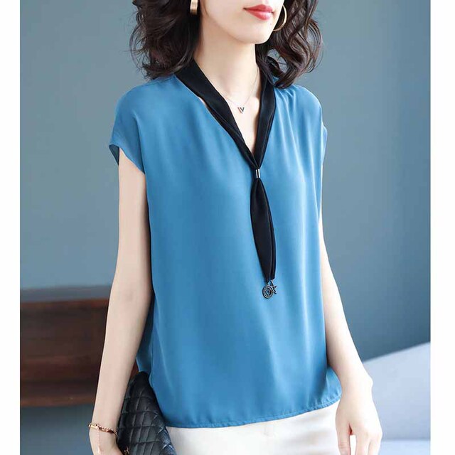 V-necktie short-sleeved chiffon blouse 