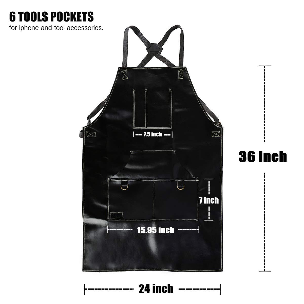 黑色厨师围裙男女皆宜防水皮革围裙 带6个口袋和交叉背带工作围裙