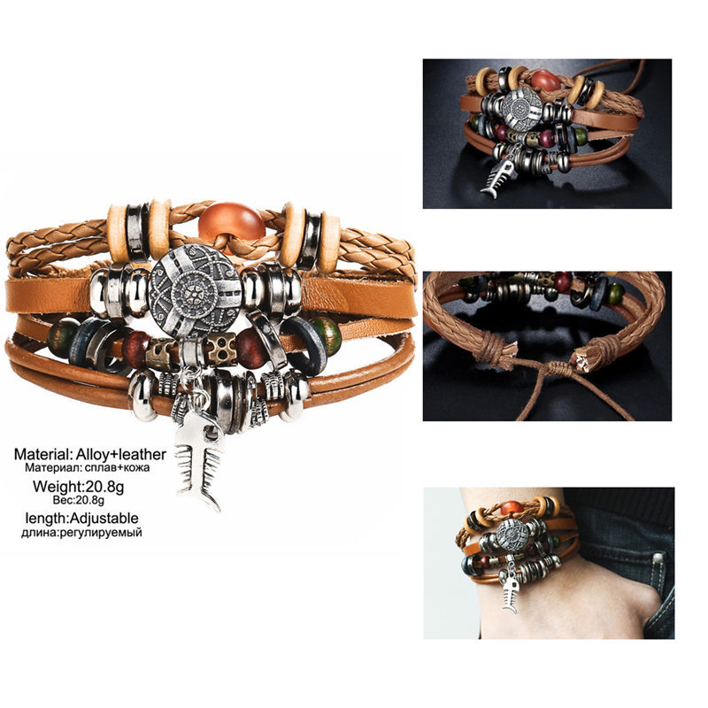 European And American Creative Retro Punk Fishbone Men's Brown Multi-layer Leather Bracelet display picture 1