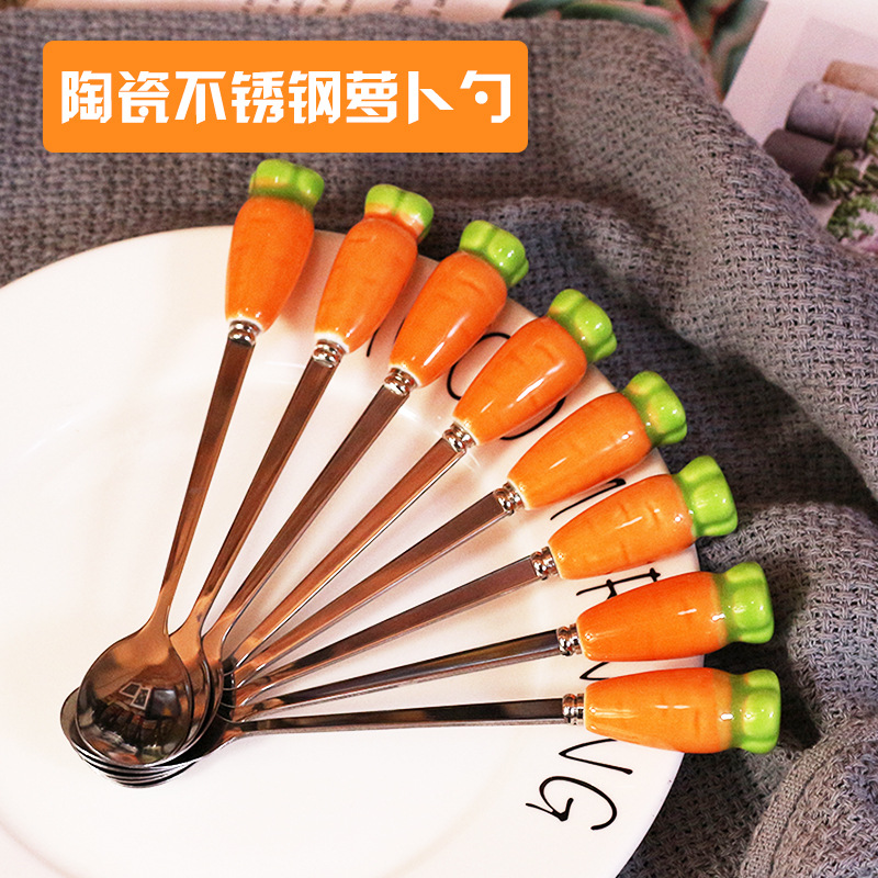 맞춤형 세라믹 손잡이 스테인레스 무 스푼 커피 한국식 스푼 디저트 스푼 어린이 식기 긴 손잡이 스푼