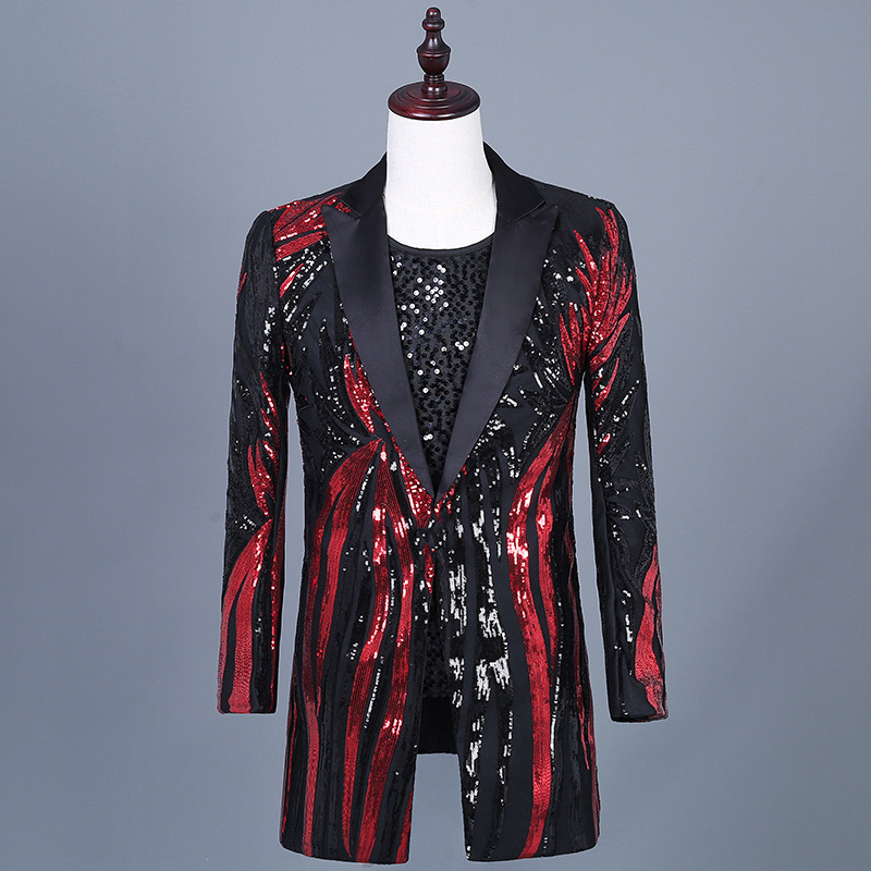 Men's youth rapper singer host stage performance black red sequin long dress suits glitter leaves host Men's youth rapper singer host stage performance black red sequin long dress suits glitter leaves host