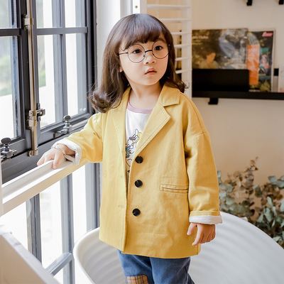中小童外套2019新款日韓系寬松淨色百搭中長西服風衣春款童裝