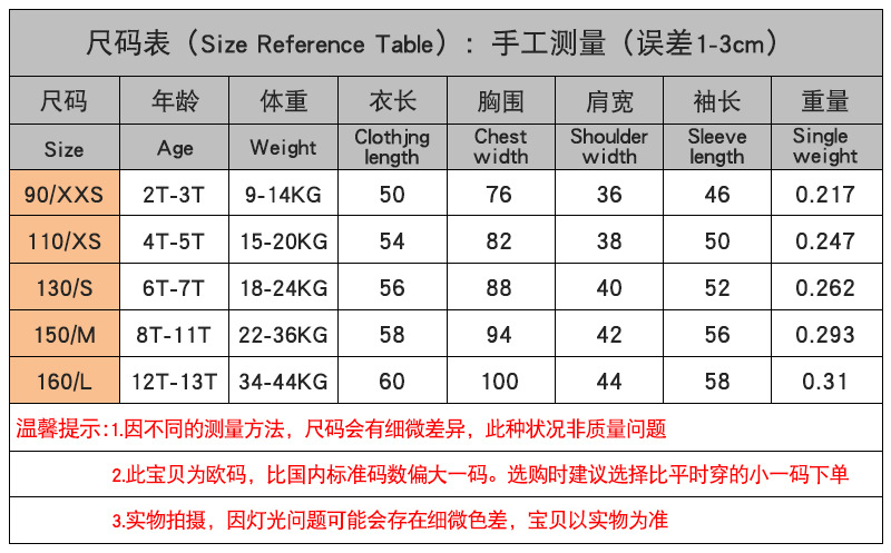 2-童卫尺码表+重量