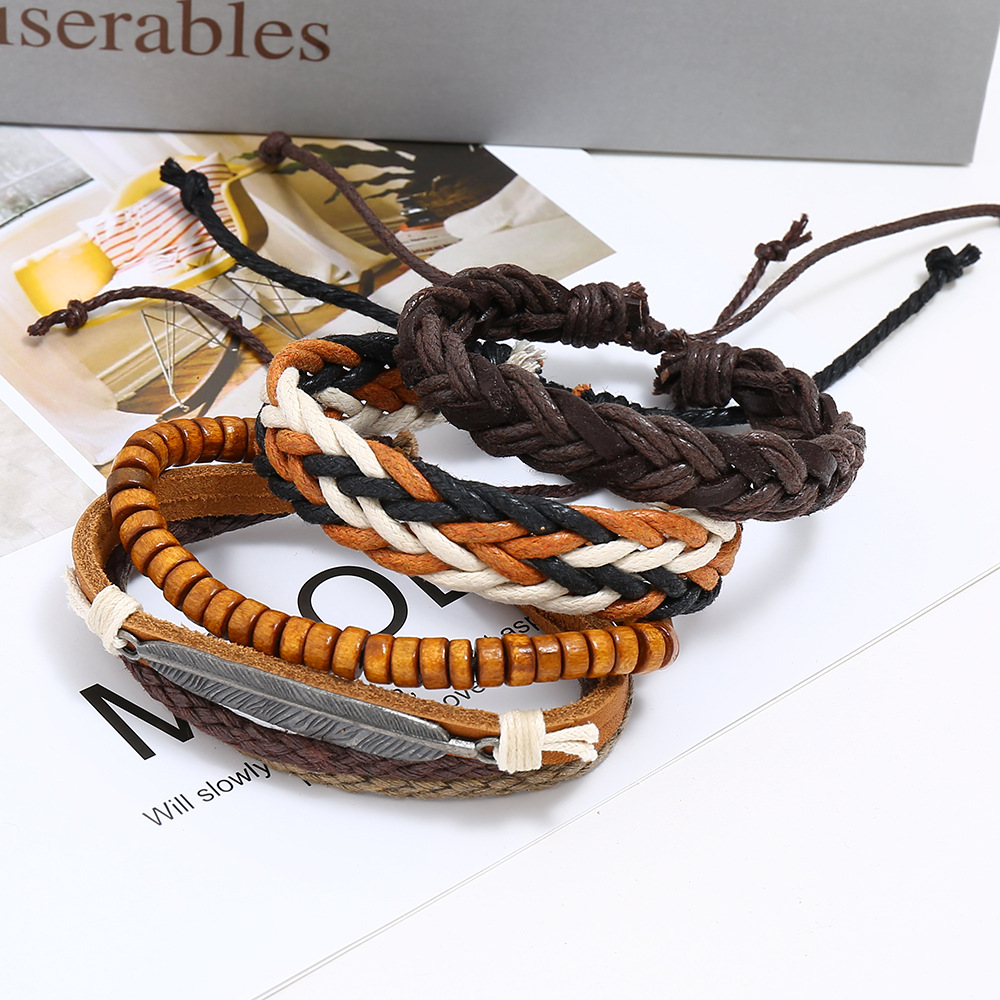 New retro woven leather bracelet simple diy multiple combination three-piece leather bracelet