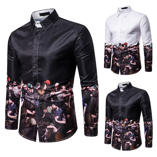 Men’s abstract character Print Long Sleeve Shirt Lapel shirt