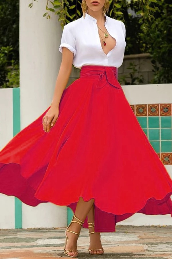 solid color large swing skirt with belt NSFH125741