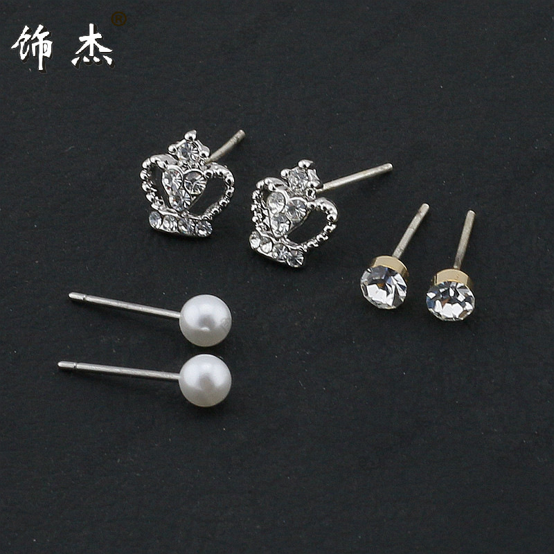 韩版时尚小饰品水钻珍珠皇冠六件套耳环个性新款女生耳钉套装批！