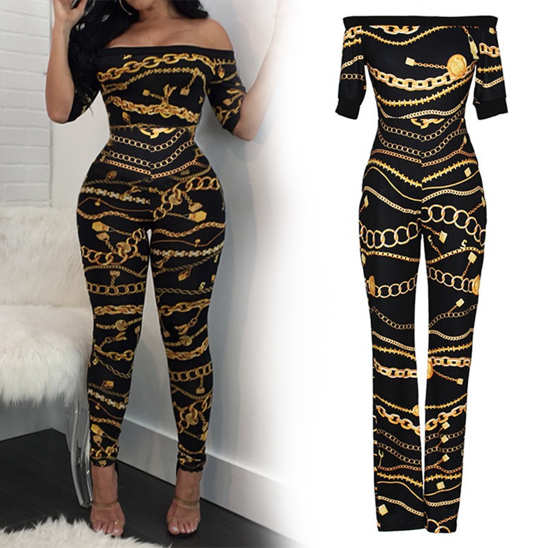 Tight Chain Print One-shoulder Jumpsuit NSGMY64462