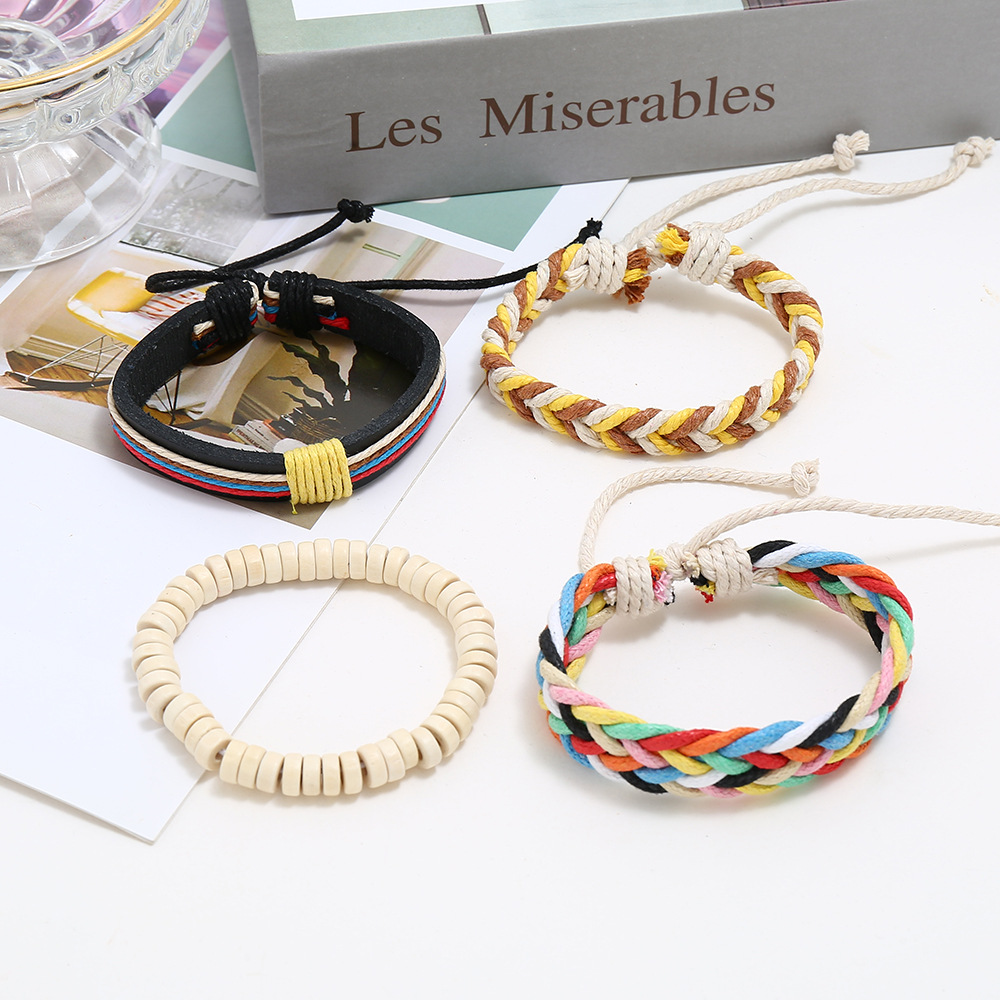 New colorful wax line braided four-piece girl bracelet simple diy multiple combination leather brace