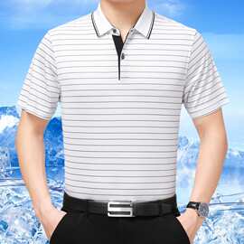 桑蚕丝2019夏季新款男式短袖T恤 商务休闲男士条纹冰丝t恤男批发