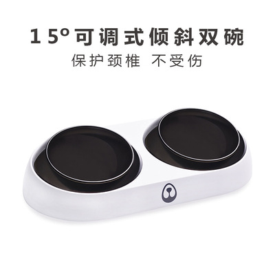 厂家直销可调节猫碗斜口双碗狗碗双碗自动饮水猫碗双碗狗碗猫盆|ru