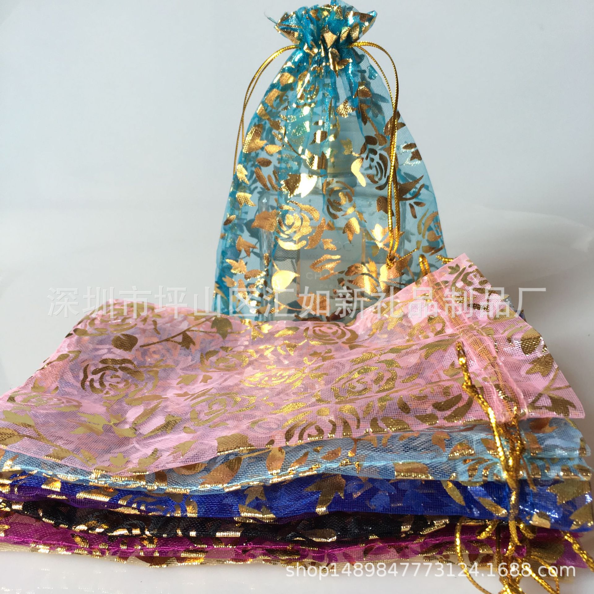 现货供应/糖果束口拉绳收纳袋 玫瑰烫金纱袋欧根纱束口礼品纱袋