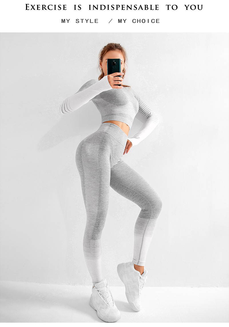 Women Gym Clothing Sports Wear Seamless Ombre Long Sleeve Yoga Set Legging Set High Waisted Fitnesss Suit Tight Work Out Suit