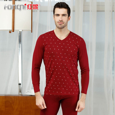 红妮内衣秋冬男士V领鸡心领莱卡弹力棉印花薄款透气秋衣秋裤套装|ms
