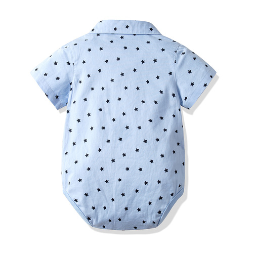 Boy's Pure Cotton Short Sleeve Triangular Bodysuit with Overalls Set Children Baby Infant Gentleman First Birthday Dress Crawling Suit