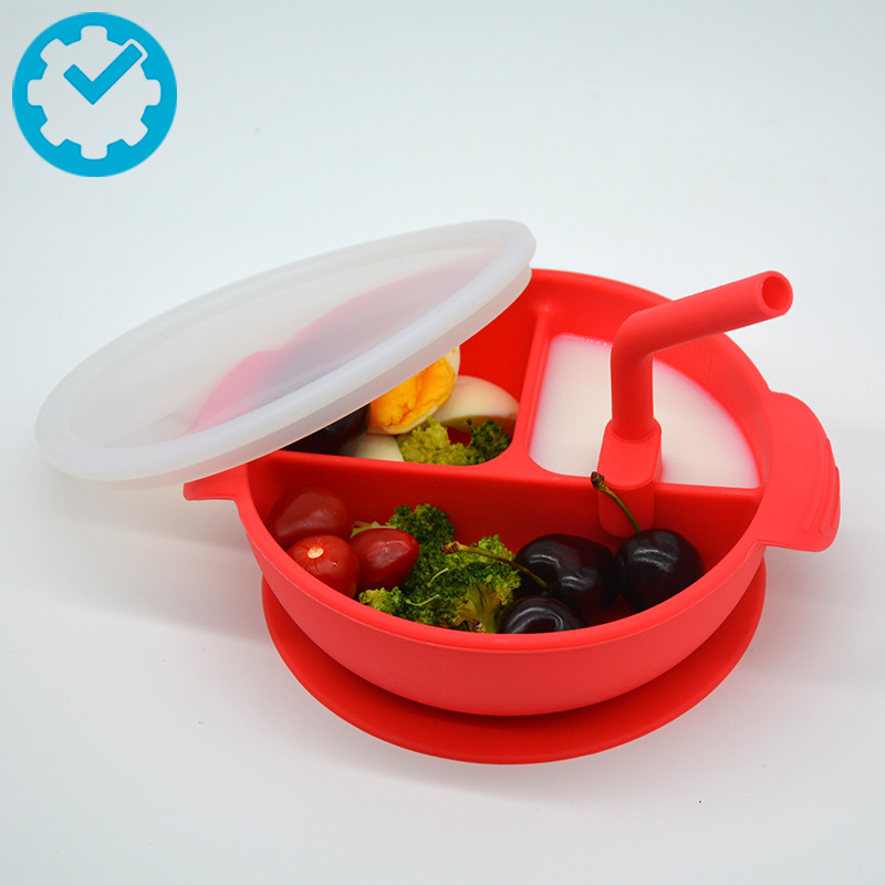 创意儿童辅食吸盘碗环保带盖吸盘一体式分格硅胶碗儿童餐具防摔碗|ru