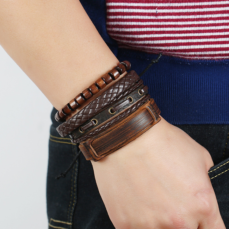 Punk Neues Retro Geflochtenes 4-teiliges Leder Armband Europäischer Und Amerikanischer Herren Schmuck Grenz Überschreiten Des Diy-leder Armband Armband display picture 3