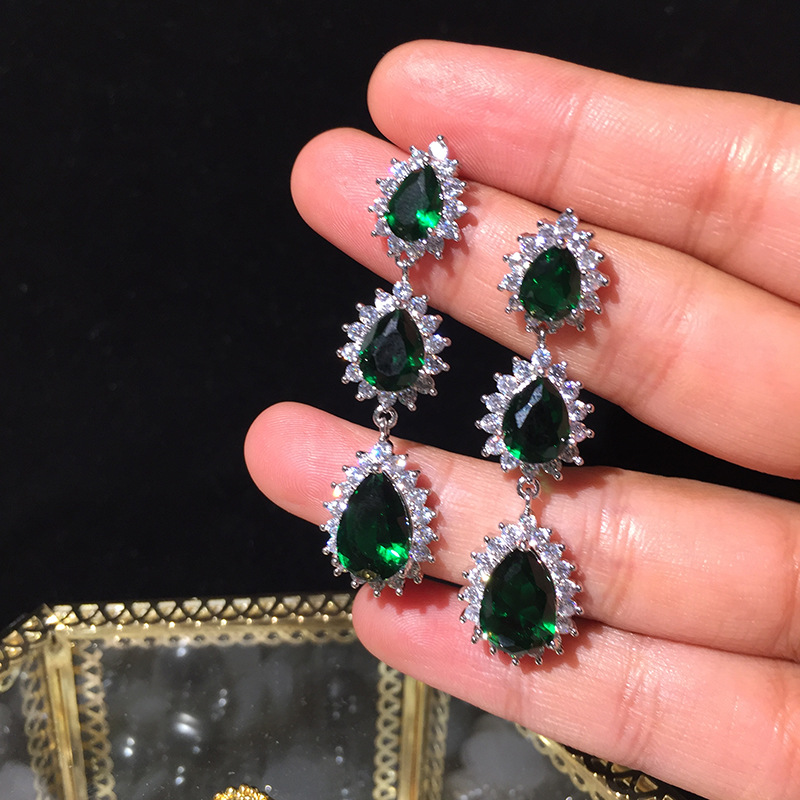 S925 Silver Needle Emerald Earrings Long Ultra Flash Accessories Water Drop Tassel Earrings display picture 4