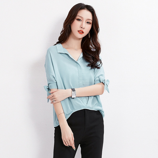 Summer new casual Lapel long chiffon shirt with loose front back